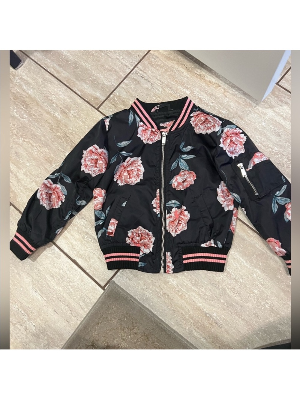 Urban Republic Black Bomber Jacket with Pink Floral Print, 4t